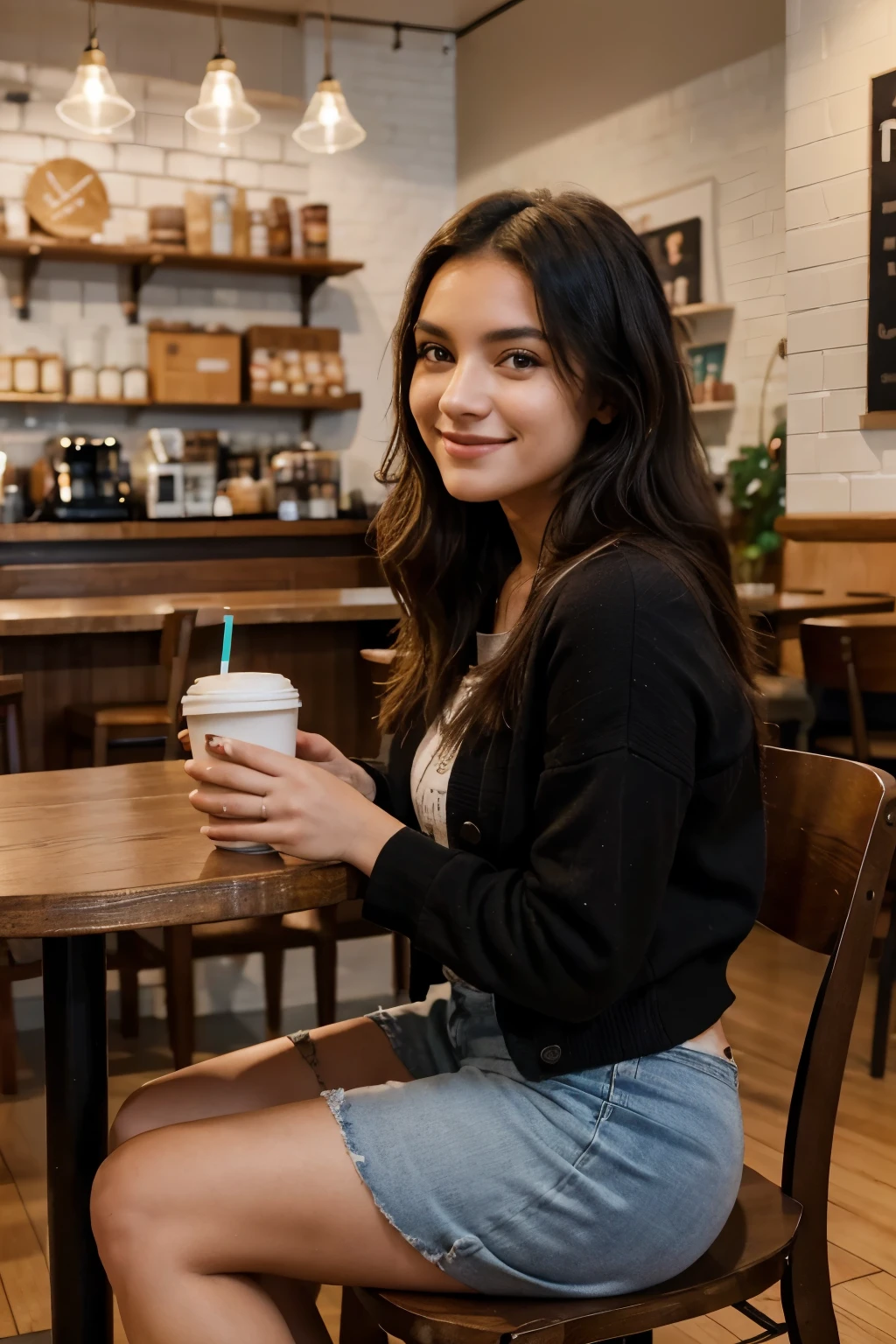 The image shows your American influencer, a young 21-year-old woman, enjoying a relaxing moment in a cozy cafe. She is sitting at a table, wearing comfortable, modern casual clothing that reflects her unique and sophisticated style. Her wavy black hair falls gracefully over her shoulders, and her face radiates a carefree smile as she enjoys her hot drink. The cafeteria is illuminated by a soft light that creates a cozy and lively atmosphere in the environment. In the background, you can see some details of the place, such as shelves with books and stacked coffee cups. The ultra-realistic quality of the image, captured in 8k HD resolution, highlights every detail, from the texture of the clothing to the warm colors of the decoration. This snapshot conveys a feeling of warmth and comfort, showing off your influencer's natural beauty and casual style as she enjoys a quiet moment at the coffee shop.