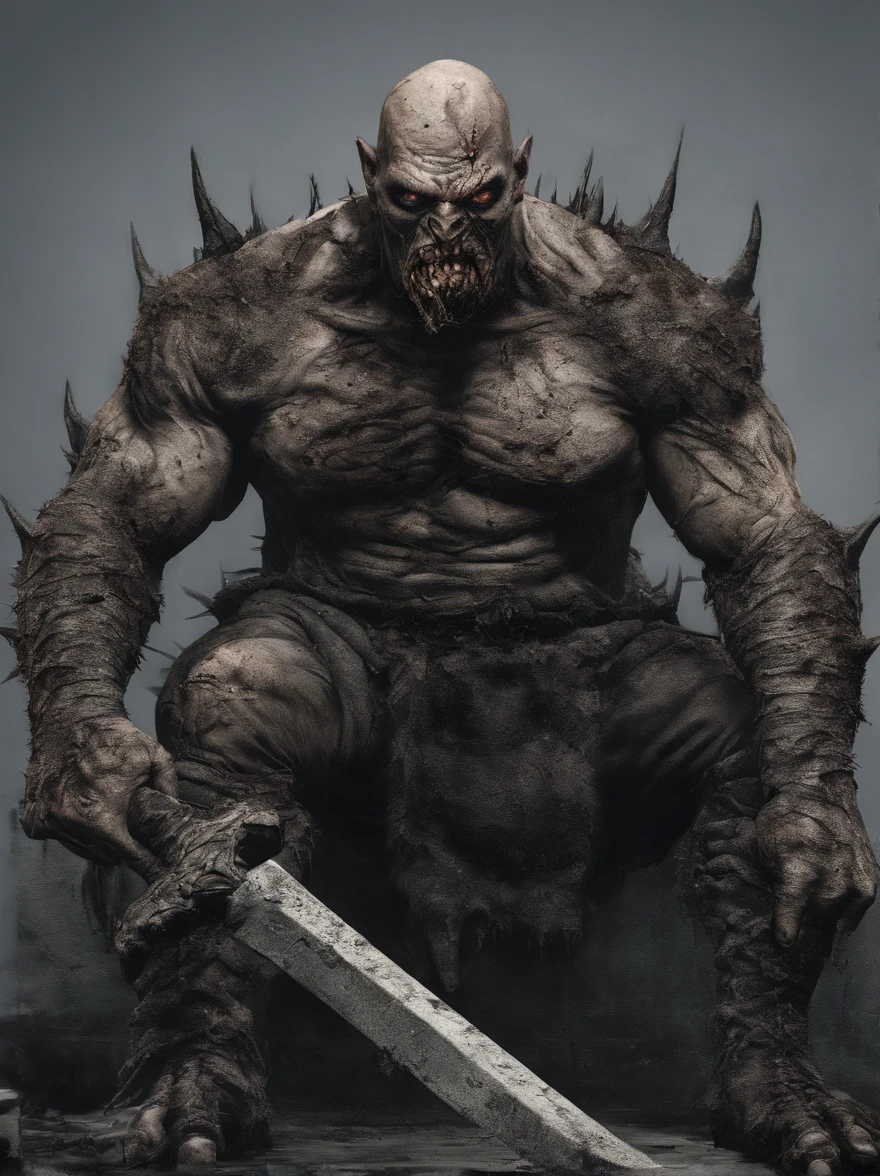 brutalis attacks! original character: BRUTALIS THE VIOLATER LARGE 7 FOOT ULTRA MUSCLED ORC LOOKING MALE SUPER VILLAIN bald, melted flesh disfigured scarred, gross mutated slightly misshapen form, long arms and huge hands, grayish skin covered in filth and gore, WITH SPIKES ON HIS GAUNTLETS hunched forwards threateningly photorealistic cg Render "BRUTALIS" logo at the top like a comicbook cover or poster using a distressed grunge font, heroic proportions