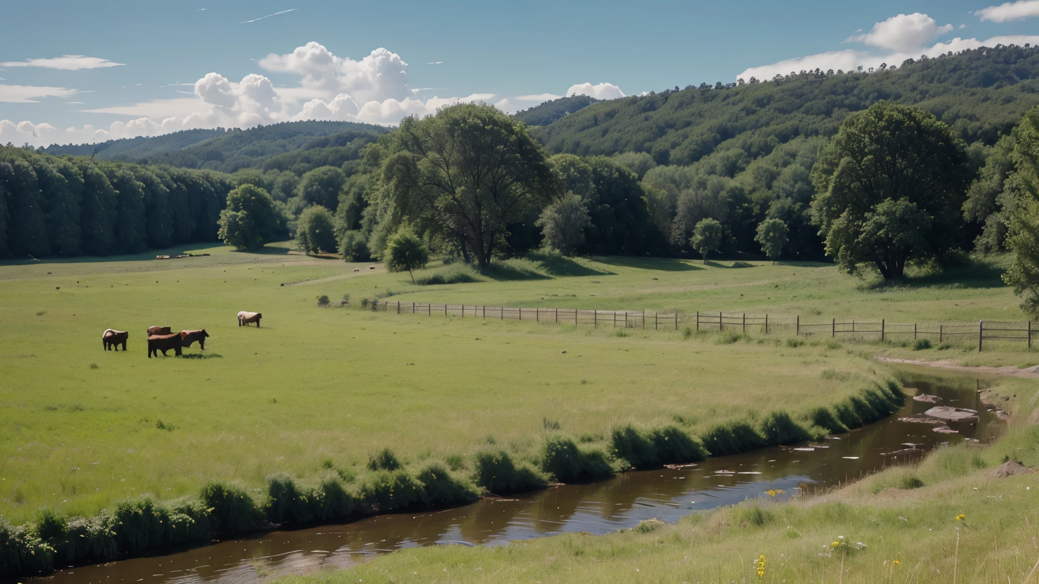 Sunny natural pasture,No cows,green grassland,Photoreal,There is a fence,river
