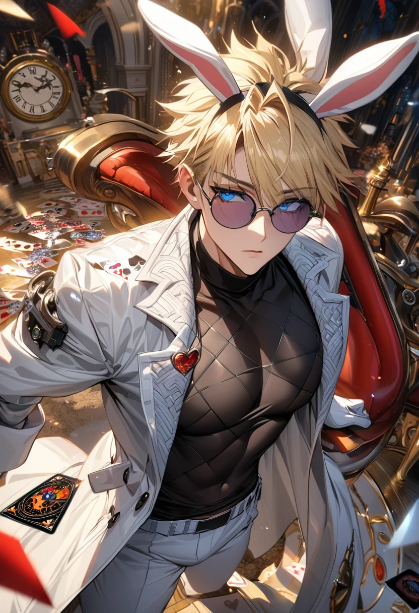 Ultra detailed, highres, absurdres, HDR, Vash Stampede, blond hair, blue eyes, amber round sunglasses, Trigun, clock, white gloves, bunny ears, in Wonderland, sexy man, solo, handsome, very detailed face and eyes, white long coat, tone chest, heart cards, black tight shirt with patterns, white pants,