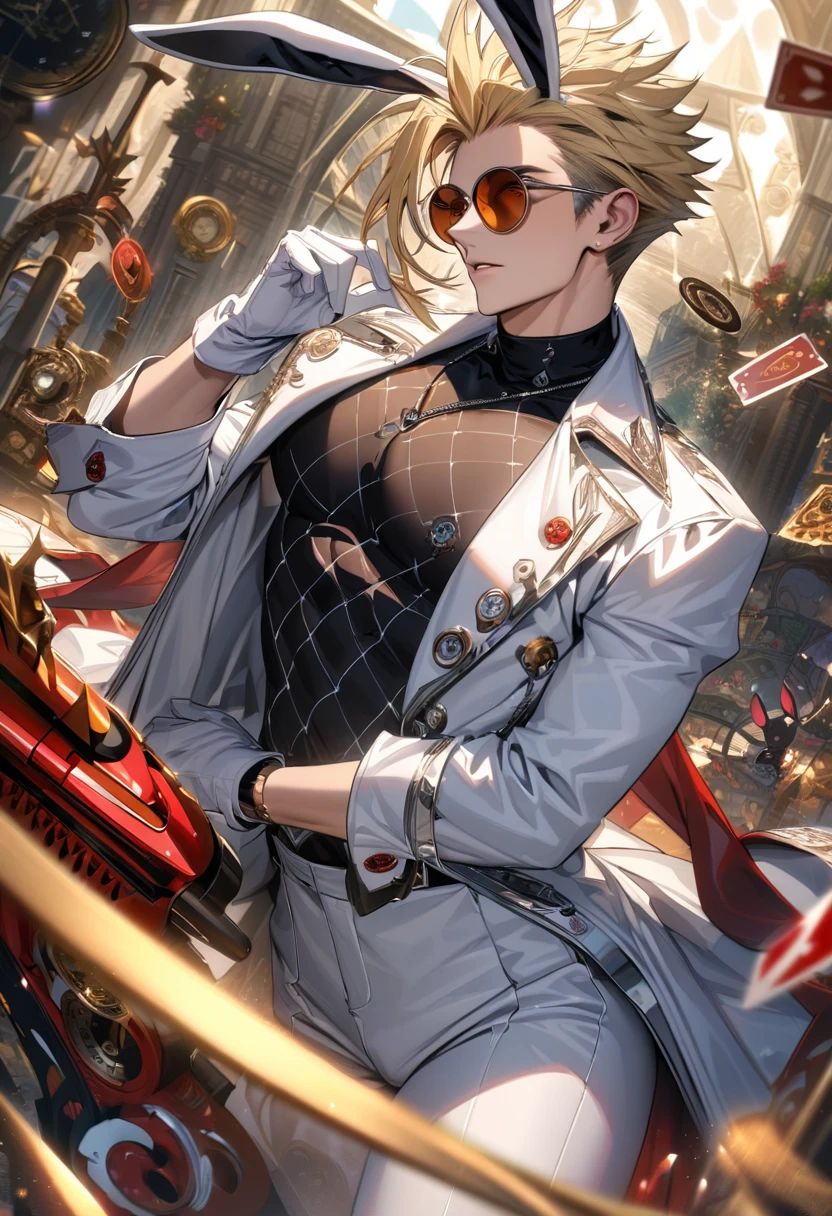 Ultra detailed, highres, absurdres, HDR, Vash Stampede, blond hair, blue eyes, amber round sunglasses, Trigun, clock, white gloves, bunny ears, in Wonderland, sexy man, solo, handsome, very detailed face and eyes, white long coat, tone chest, heart cards, black tight shirt with patterns, white pants,