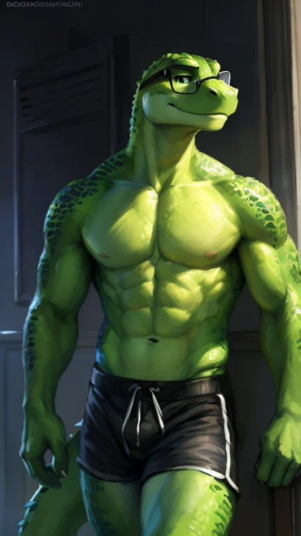 Looking dead on straight towards the viewer, (((A green anthropomorphic lizard with glasses and his muscles and is shirtless wearing black and green shorts and good lighting standing ))) , big chest, day,, , detailed,, beautiful and detailed portrait of an anthropomorphic
A green anthropomorphic lizard with glasses and flexing his muscles and is wearing black and green shorts and good lighting , (((male ))) uploaded , zaush, foxovh, movie lighting, detailed, uploaded to e621, beautiful and detailed kenket, Ross Tran, ruan jia, uploaded to e621, zaush, foxovh, movie lighting,, no background