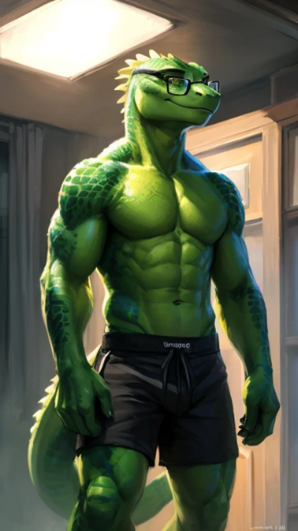  Looking dead on straight towards the viewer, (((A green anthropomorphic lizard with glasses and   his muscles  and is shirtless wearing black and green shorts and good lighting standing ))) , big chest, day,, , detailed,, beautiful and detailed portrait of an anthropomorphic
A green anthropomorphic lizard with glasses and  flexing his muscles  and is  wearing black and green shorts and good lighting , (((male ))) uploaded , zaush, foxovh, movie lighting,  detailed, uploaded to e621, beautiful and detailed  kenket, Ross Tran, ruan jia, uploaded to e621, zaush, foxovh, movie lighting,, no background