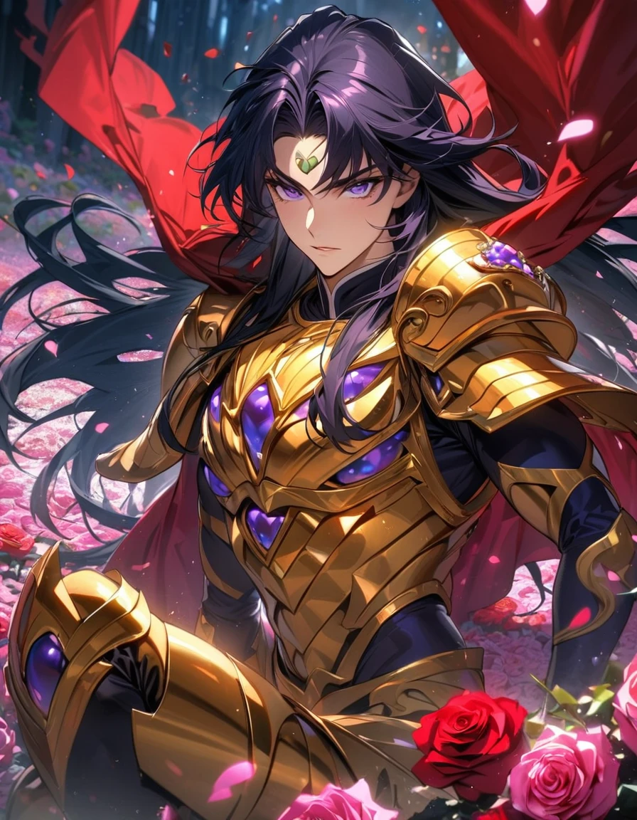 absurdres, highres, ultra detailed, HDR, masterpiece, extremely detailed face and eyes, perfect face, Saga, dark blue untamed long hair, expressive purple eyes, Saint Seiya, solo, sexy man, handsome, golden armor, red cape, rose field, petals, in wonderland