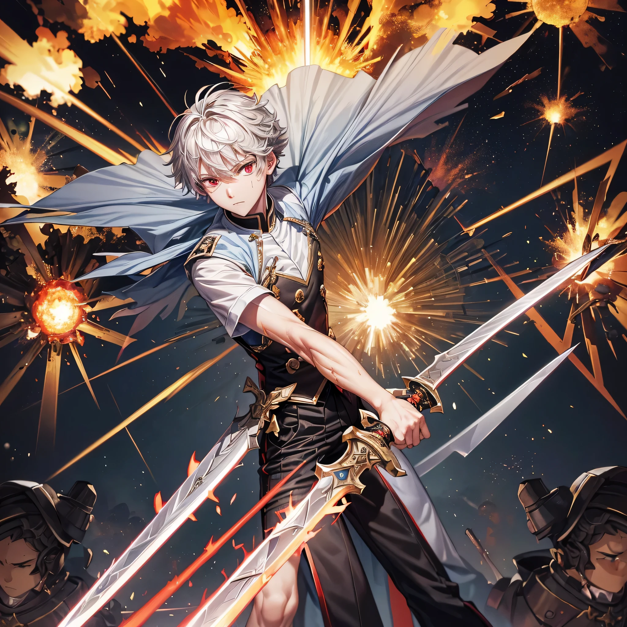 perfect anatomy, masterpiece:1.4, best highres, 16k, (battle style), (in the battlefield), (the background is Big Explosion:1.3), break,
(both hands holding divine thin sword, gripping divine thin sword in both hands) (solo:1.3 silver short hair divine boy), ((16 yo)), break, (detailed red eyes), (painful face), (in a butler uniform).