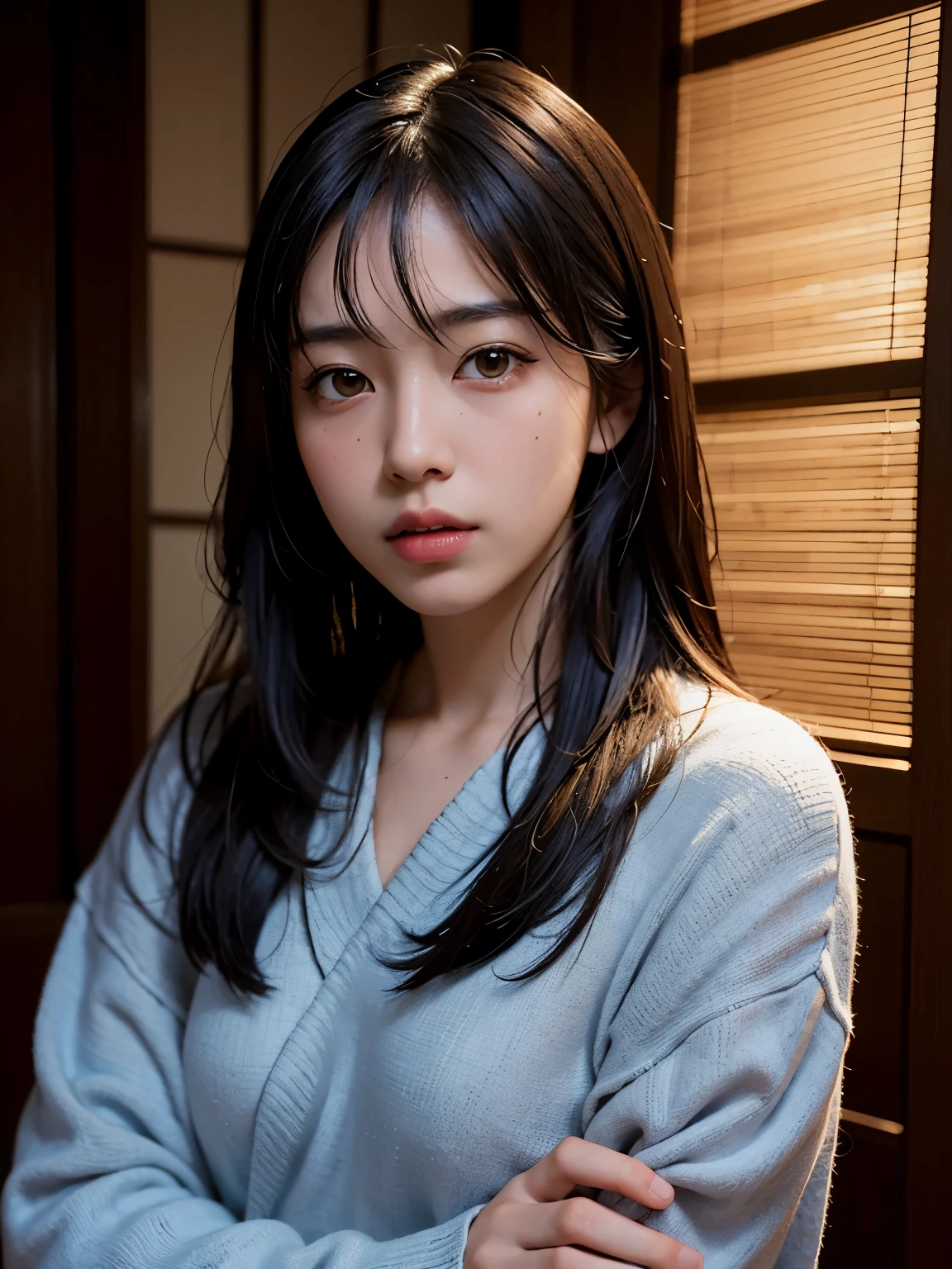 highest quality, masterpiece, Ultra-high resolution, (Realistic:1.4), RAW Photos, one japanese girl, In the Dark, Deep Shadow, Modest, Cold Light