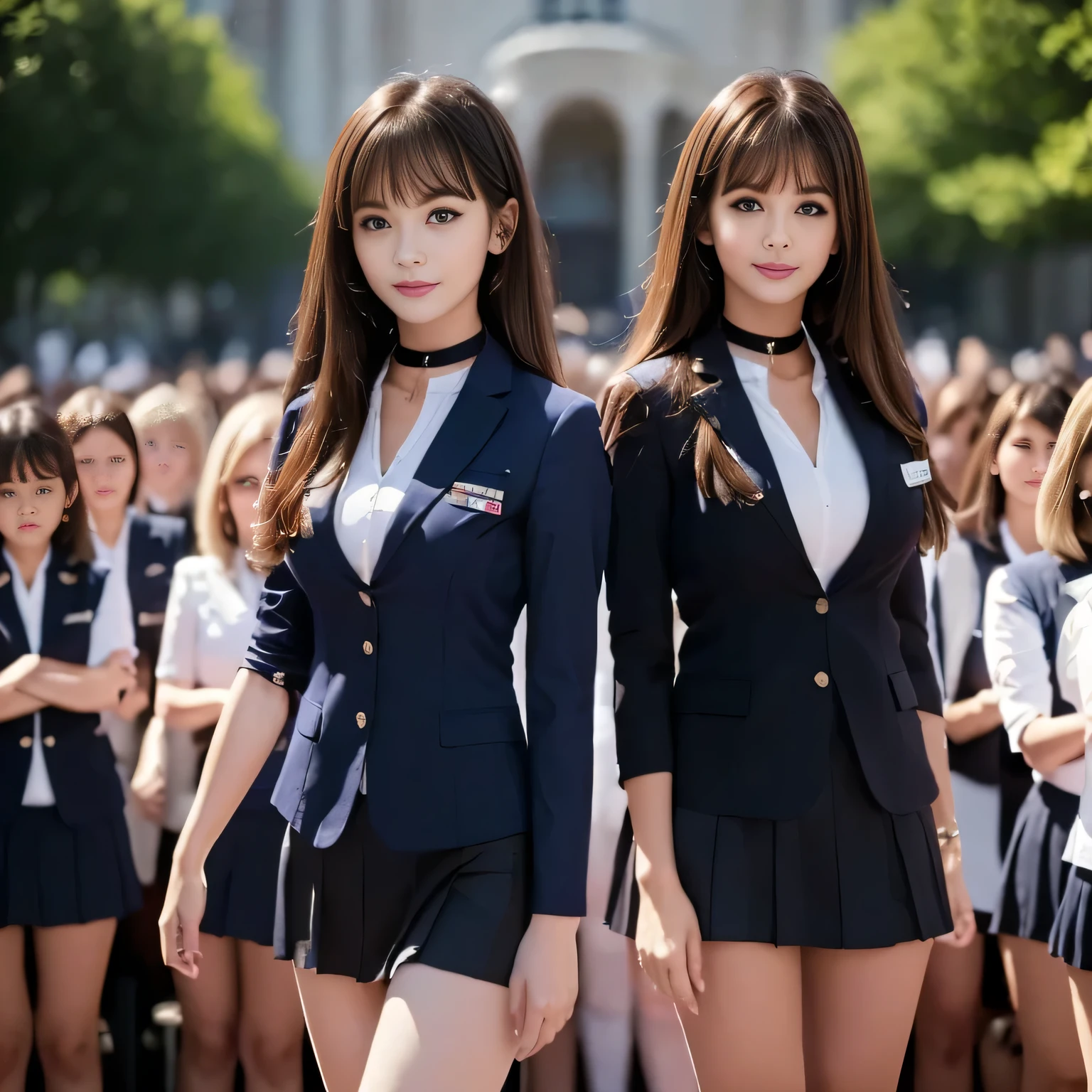 ((masterpiece, High resolution)), ((Thousands, crowd)), girl, group, clone, (( brown haired girl, blonde girl)), elegant, rich girl, Emotionless, Arms at sides, Straight spine, (((Matching outfits, Same clothes, Navy blue uniform, Sexy Uniform, Navy Blue Blazer, Short skirt, White knee socks, Long white socks, Black high heels))), Standing still, shoulder to shoulder, Same pose, The sisters are lined up in an orderly fashion, Many lines, crowd Shot, ((Black Choker, blue eyes, Very long eyelashes, bangs, Big Breasts, smile))，slim、lecture hall、((See-through, Big Breasts))，ceremony、audience