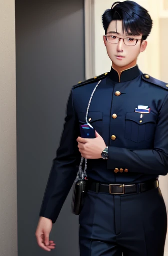 [master piece], [a handsome chinese guy], [pretty younng], ((21 years old)), [black hair], glasses, dressed as a police officer, navy blue uniform, asian hair cut, [Asian features],