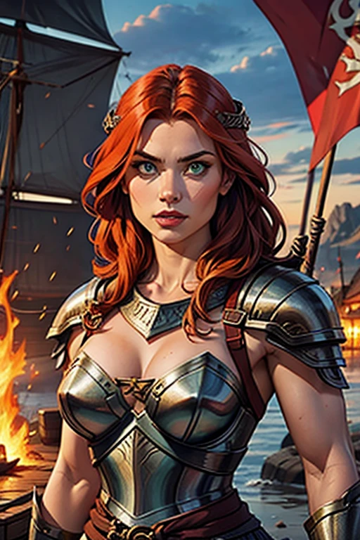 a viking warrior, long wavy red hair, green eyes, thin lips, round face, wearing viking armor, muscular and strong, sensual and imposing, looking at the viewer, viking woman on the viking ship