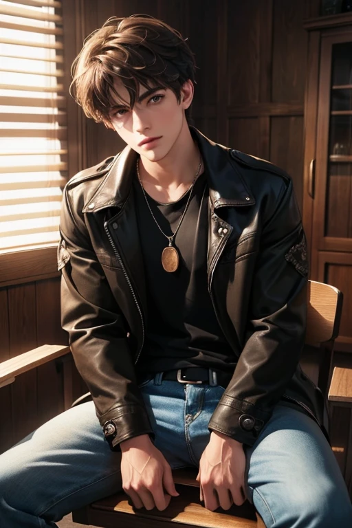 full body shot, Highest quality, 8k, High resolution, One man, High-quality texture, Intricate details, CG, High Quality Shadows, beautiful and delicate face, Beautiful details and a delicate eye, Written boundary depth, Ray Tracing, Age 25, cool, shy, Looking at the audience, (Dog Tags), (Jacket, Open clothes, open Jacket, Black Shirt), (Eye color is brown), (Brown Hair, short hair, bangs), (Layered Hairstyles), Be sure to add details to your clothes, full body shot, (sit on a chair and spread your legs:1.2)