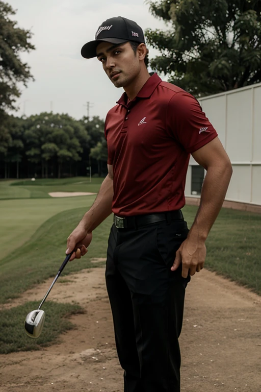 Douglas Martins is a tall golfer, wears a black cap, wears a red shirt and black pants, your bat is golden, and little victory anyway no matter how