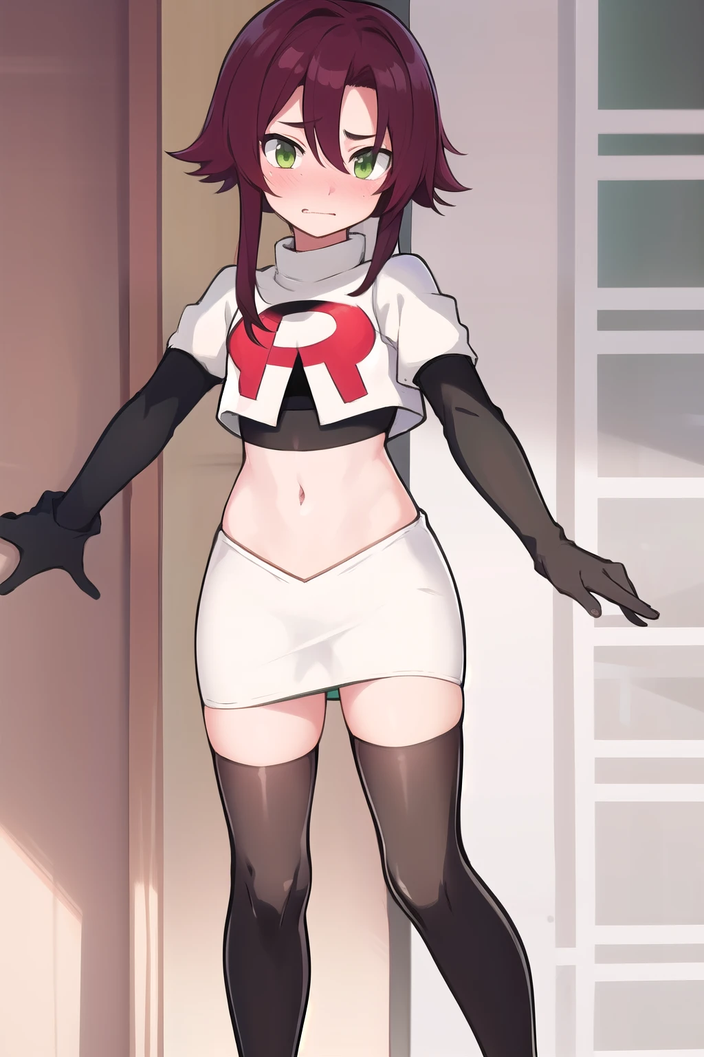 masterpiece, absurdres, Shikanoin Heizou, green eyes,male focus, trap, crossdressing,1boy,team rocket,team rocket uniform,white skirt,red letter R,crop top,black thigh-highs,black elbow gloves, embarrassed, blush