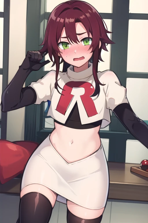 masterpiece, absurdres, Shikanoin Heizou, green eyes,male focus, trap, crossdressing,1boy,team rocket,team rocket uniform,white skirt,red letter R,crop top,black thigh-highs,black elbow gloves, embarrassed, blush