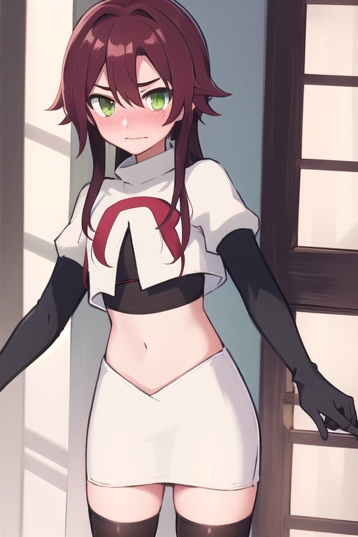 masterpiece, absurdres, Shikanoin Heizou, green eyes,male focus, trap, crossdressing,1boy,team rocket,team rocket uniform,white skirt,red letter R,crop top,black thigh-highs,black elbow gloves, embarrassed, blush