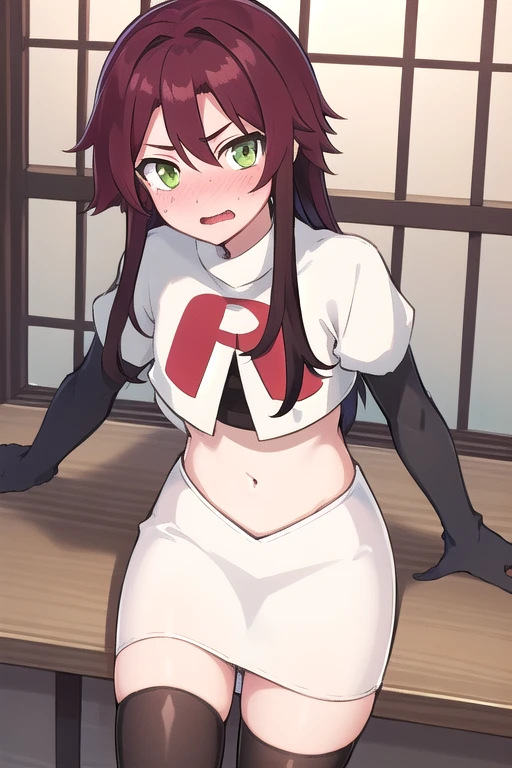 masterpiece, absurdres, Shikanoin Heizou, green eyes,male focus, trap, crossdressing,1boy,team rocket,team rocket uniform,white skirt,red letter R,crop top,black thigh-highs,black elbow gloves, embarrassed, blush