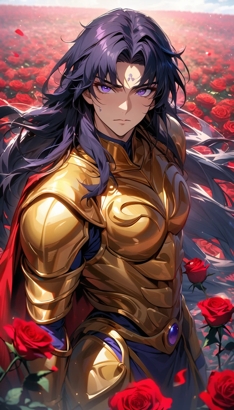absurdres, highres, ultra detailed, HDR, masterpiece, extremely detailed face and eyes, perfect face, Saga, dark blue untamed long hair, expressive purple eyes, Saint Seiya, solo, sexy man, handsome, golden armor, red cape, rose field, petals