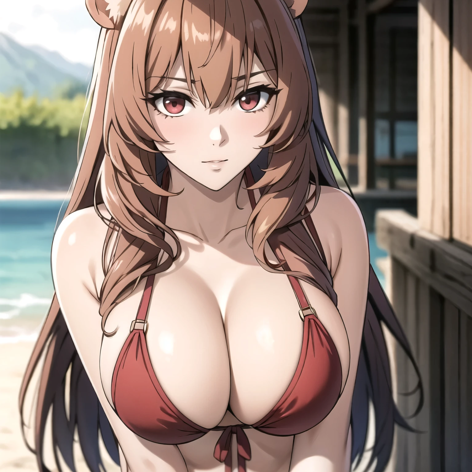 Raphtalia, atractiva mujer. orejas de oso, cabello rubio brillante, red eyes like rubies, pechos grandes, bikini rojo , breasts in front of the camera closeup. alta calidad.