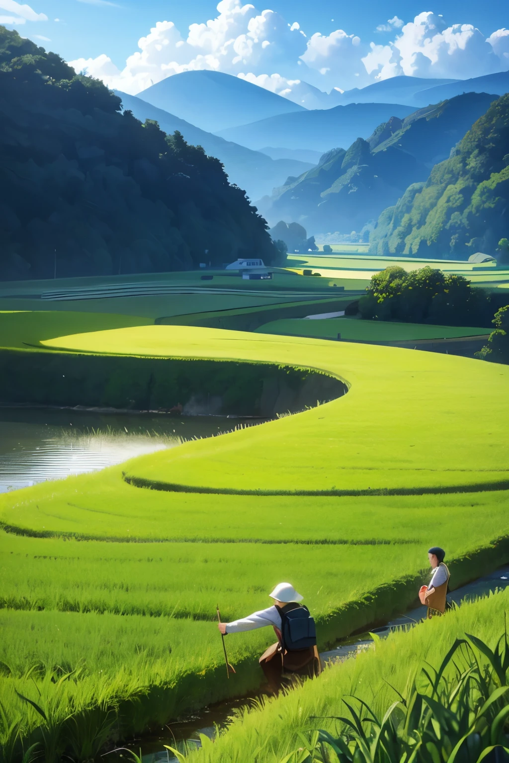 Simple and cute graphic cartoon style illustration,Farmer uncle planting rice in green rice fields,Distant village,HD,16k,High Detail