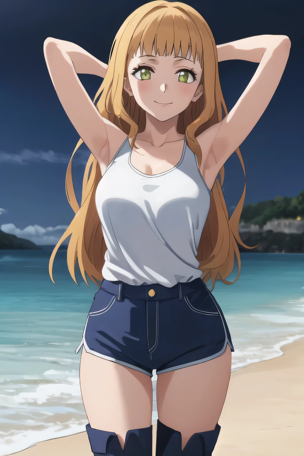 ((best quality)),((highly detailed)), masterpiece, absurdres, detailed face, beautiful face,(detailed eyes, deep eyes),((dynamic pose)),  1girl, Mimosa,, long hair, boots, orange hair, green eyes,  wavy hair, blunt bangs, looking at viewer, tank top, dolphin shorts, anime, closed_mouth, night sky, beach, arms behind head, spread armpits, contrapposto, (cowboy shot:1.5),  smile,