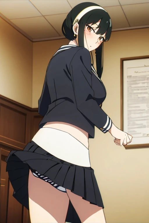 Browsing Caution,(masterpiece, highest quality: 1.2), alone, 1 girl, alone, panties,,black,Sailor suit,blazer,From below,((Skirt flip)),(((panties))),your heather, かなりEmbarrassing,blush, View your viewers, Long black hair, head band, Earrings, Big Breasts, Medium Waist, Medium Hips, wide thighs, Embarrassing, charm, Good move...., Excellent anatomy,panties,classroom,,Sailor suit,blazer,