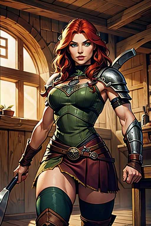 a viking warrior, long wavy red hair, green eyes, thin lips, round face, wearing viking armor, muscular and strong, sensual and imposing, looking at the viewer, viking woman on the viking ship