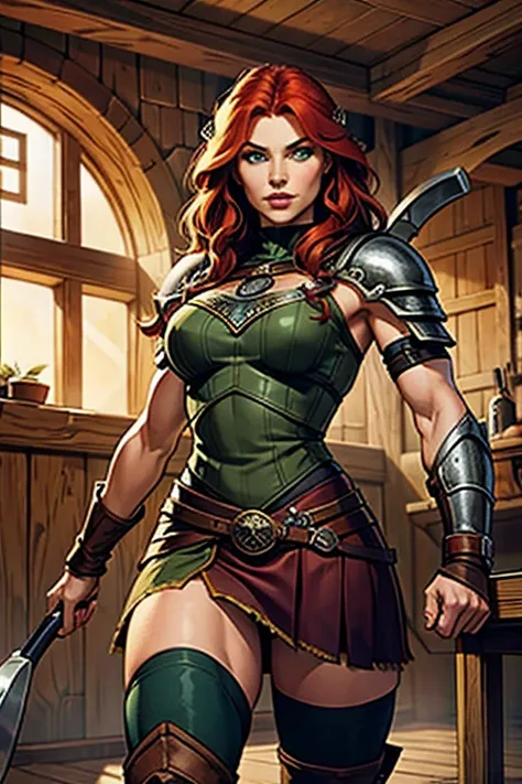 a viking warrior, long wavy red hair, green eyes, thin lips, round face, wearing viking armor, muscular and strong, sensual and ...