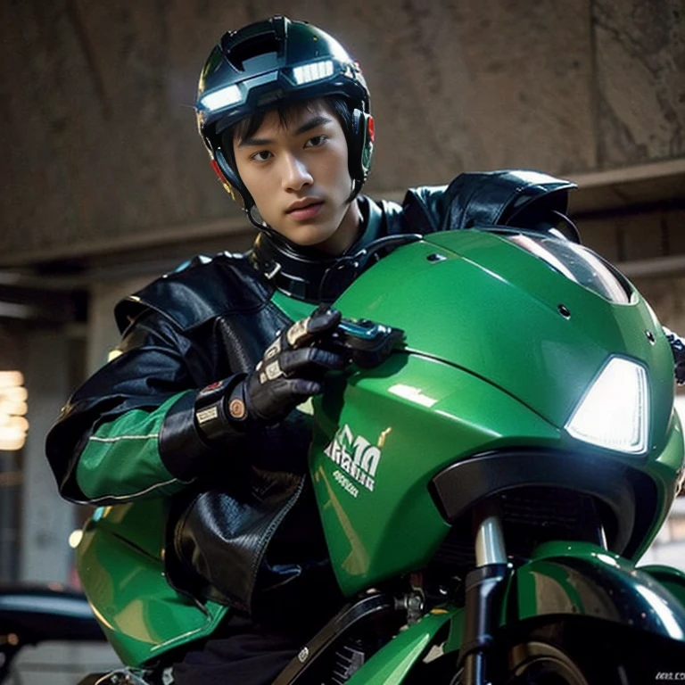 Highest image quality, outstanding details, ultra-high resolution, (realism: 1.4), the best illustration, favor details, highly condensed 1boy, with a delicate and handsome face, dressed in a black and green mecha, wearing a mecha helmet, riding on a motorcycle, the background is a high-tech lighting scene of the future city, (bare thighs ,  sexy. Nsfw )