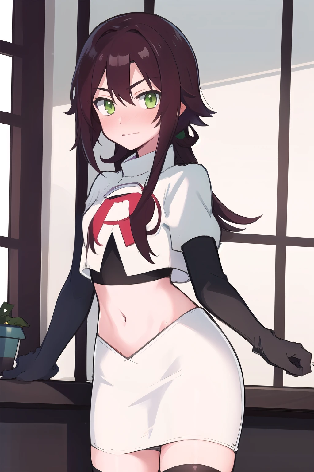 masterpiece, absurdres, Shikanoin Heizou, green eyes,male focus, trap, crossdressing,1boy,team rocket,team rocket uniform,white skirt,red letter R,crop top,black thigh-highs,black elbow gloves, embarrassed, blush