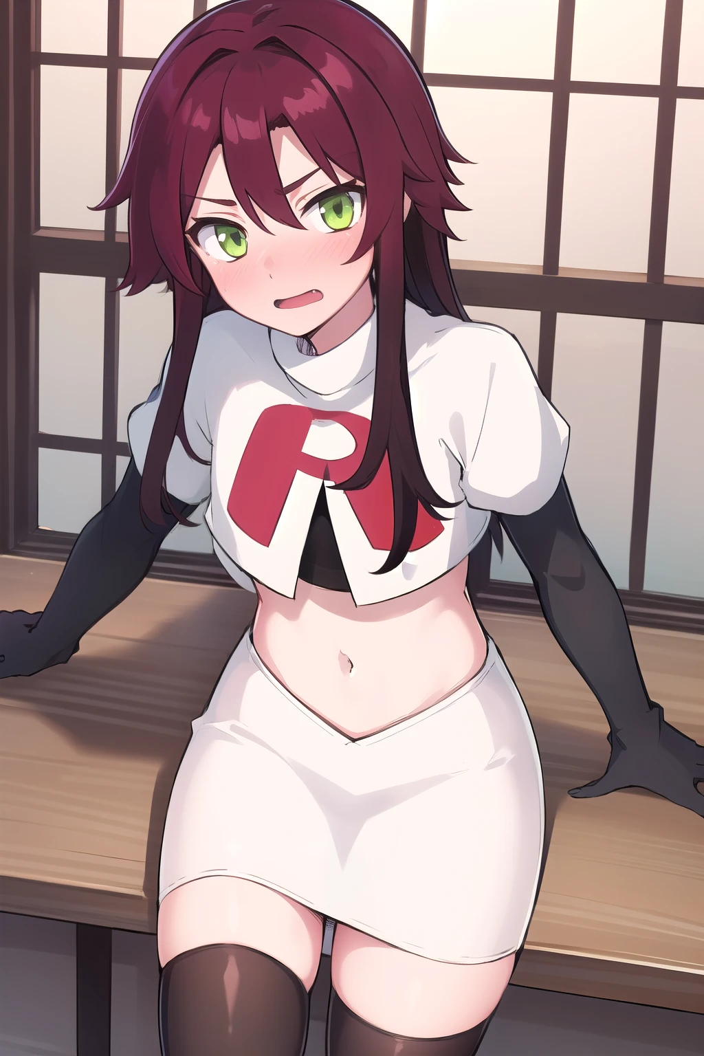 masterpiece, absurdres, Shikanoin Heizou, green eyes,male focus, trap, crossdressing,1boy,team rocket,team rocket uniform,white skirt,red letter R,crop top,black thigh-highs,black elbow gloves, embarrassed, blush