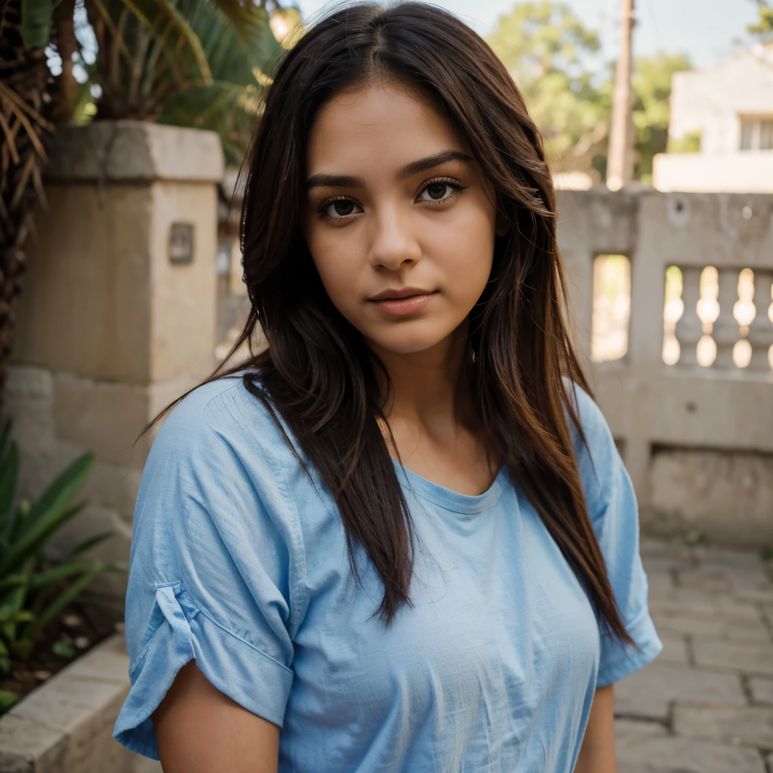 27 year old woman, morena, cabello rizado, foto casual, selfie tomada con Samsung, cara redonda, foto hiper realista, tomada en la tarde