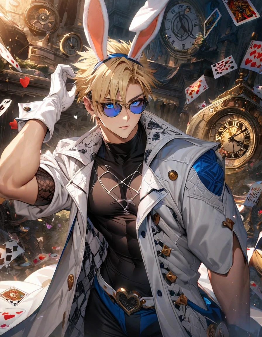 Ultra detailed, highres, absurdres, HDR, Vash Stampede, blond hair, blue eyes, amber round sunglasses, Trigun, clock, white gloves, bunny ears, in Wonderland, sexy man, solo, handsome, very detailed face and eyes, white long coat, tone chest, heart cards, black tight shirt with patterns, 