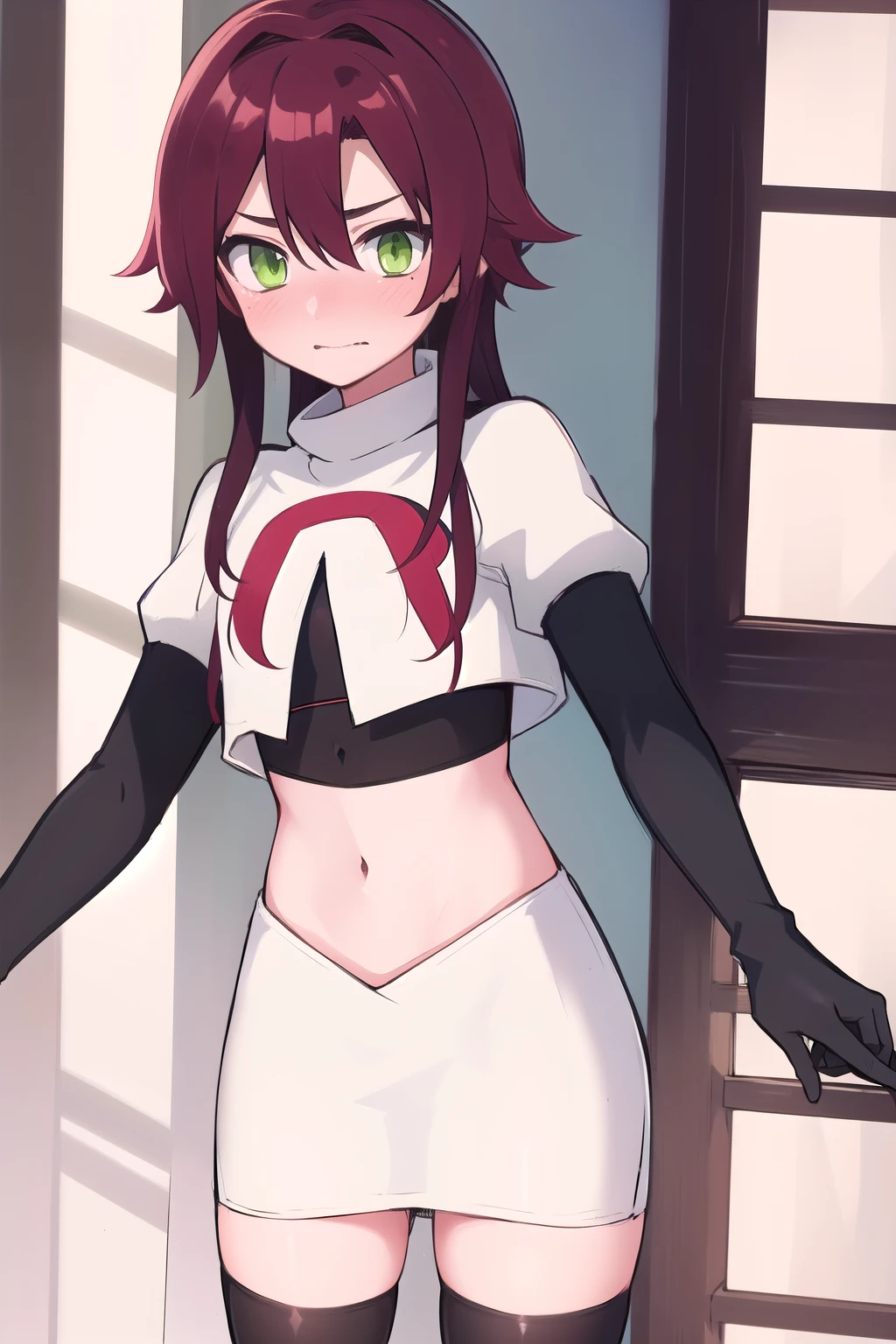 masterpiece, absurdres, Shikanoin Heizou, green eyes,male focus, trap, crossdressing,1boy,team rocket,team rocket uniform,white skirt,red letter R,crop top,black thigh-highs,black elbow gloves, embarrassed, blush