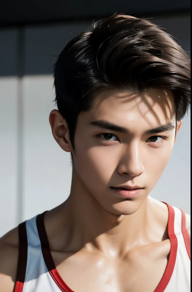 Handsome male track and field athlete　18-year-old　Baby-faced Japanese model　looking at the camera　Raise your hands to score the winning goal　Track competitions　
