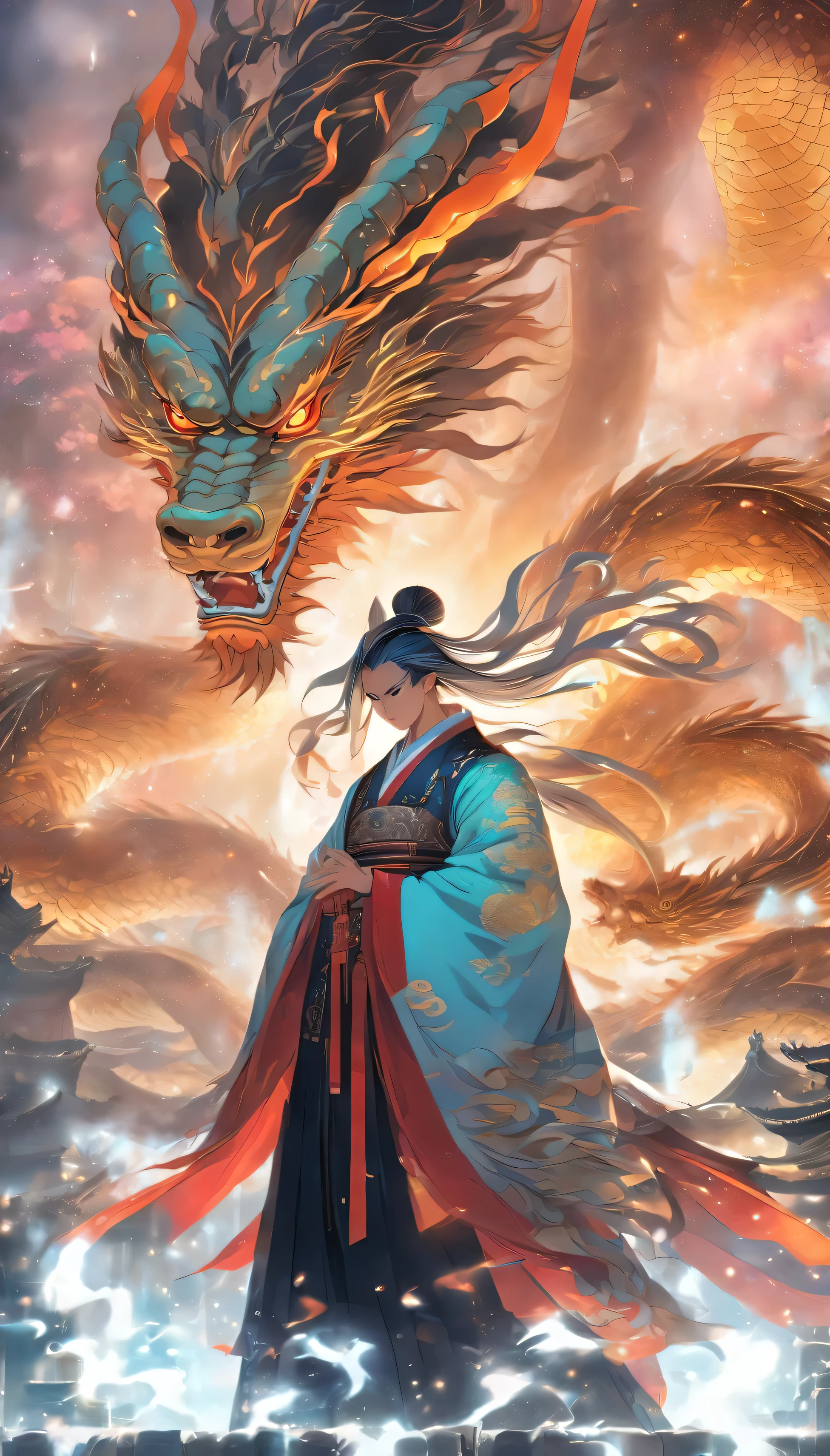 Chinese style,medium shot the scene is,Mechanical Taoist priest standing in front of a huge transparent dragon,Extending her hand,Holding a sword in his right hand, He faced the dragon,Messy long hair,Glow effect,Surrealism,Hyper-photorealism,Chinese black and white ink style,silver,decolorization,Soil,inky,8k,Ultra-fine,high quality,OC Renderer