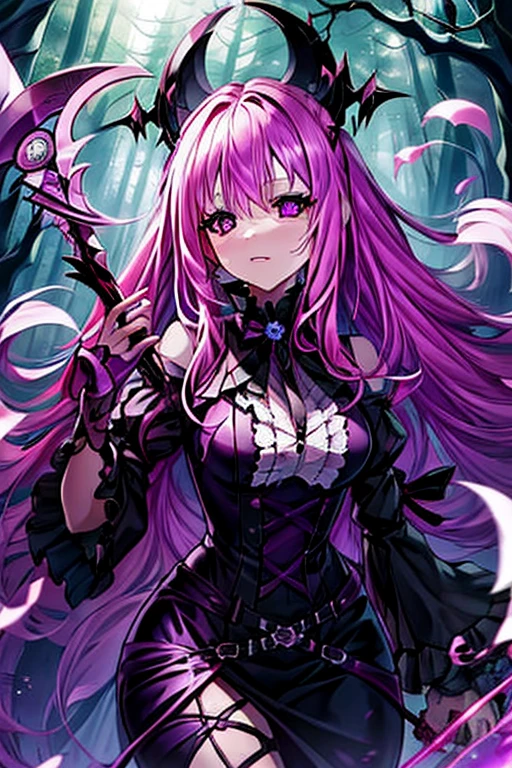 A pink haired female reaper with violet eyes and an hourglass figure is spinning her scythe in a creepy forest
