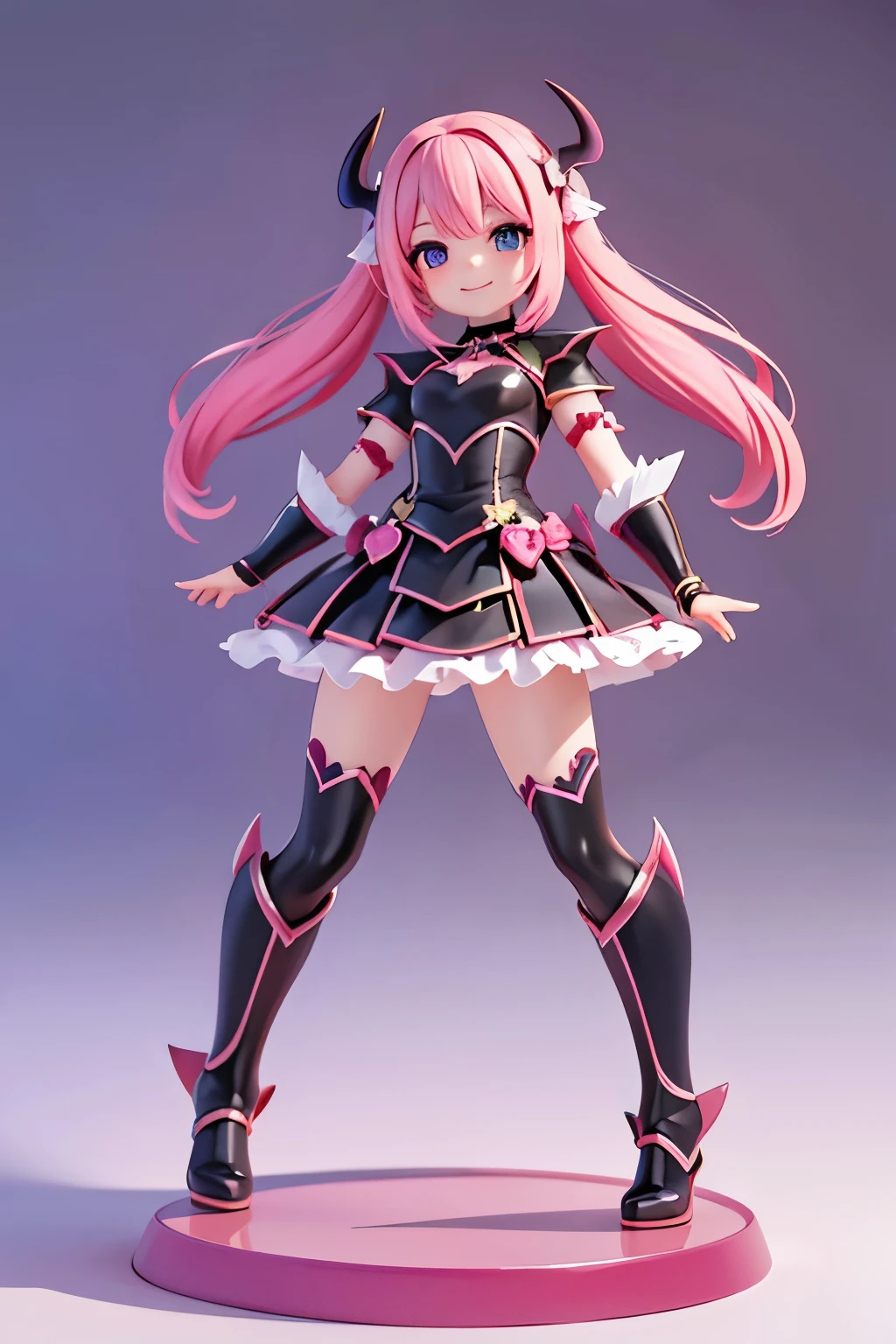 high resolution　Beautiful Skin　detailed picture　pretty girl　smile　Pink hair　devil　Bat Wing　pointed tail　Black Armor　Figures　pedestal