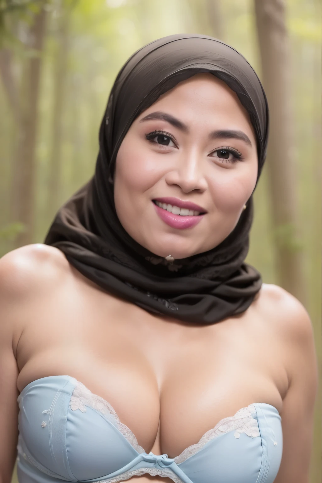 ((Lace)), (Happy smile), (((HIJAB MALAY GIRL))), masutepiece, High quality, UHD 32K, Realistic face, Realistic skin feeling , A Japanese Lady, 58 years old matured lady, , Very cute and baby-like face, (((FLAT CHEST))), (Night time at forest), ((look In front  at the camera and SADNESS)), (((BROWN FLUORESCENT))), (((CUTE GIRL))), ((BROWN FLUORESCENT LIPS)), ((Floral Pattern)) little wearing strapless bra, strapless colorful bra, dark night background , black forest night, horror scary place, (huge saggy breast), ((HEAVY HUGE BREASTS)), (from behind up) seductive pose