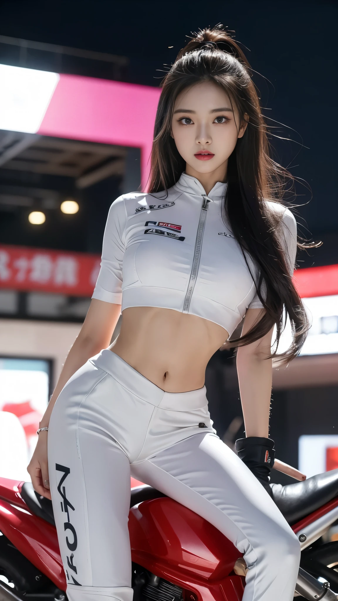 1 sister,Wearing a tight pink and white racing suit,从头到Large target腿,Hold the handlebars of your motorcycle,(Riding a motorcycle:1.2),navel,Look at the audience,midnight street,Light,National Foundation,((best quality,8k,masterpiece:1.3))),Be focused:1.2,(layered pruning,Large target:1.2),Beautiful Women in Perfect Shape:1.4,Slim abdominal muscles:1.2,Wet body:1.5,Highly detailed face and skin texture,Delicateeyes,Double eyelids,Long gray hair