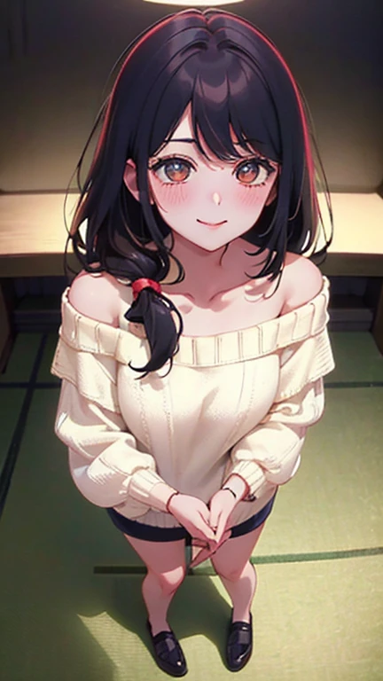 A light blush and a smile, (Masterpiece of the highest quality:1.2) Delicate illustrations, super detailed, /Beautiful Japanese Women、1 person,Very cute and slim、Outstanding style 、((8K images、super high quality))、Very delicate face, Skin and Hair、Red lipstick、Long Hair、straggling hair,(((((Gradient Hair、brown hair))))),Eyes and nose are clearly visible、Kind eyes,(((Off-the-shoulder sweater、Watching the audience、full body shot)))