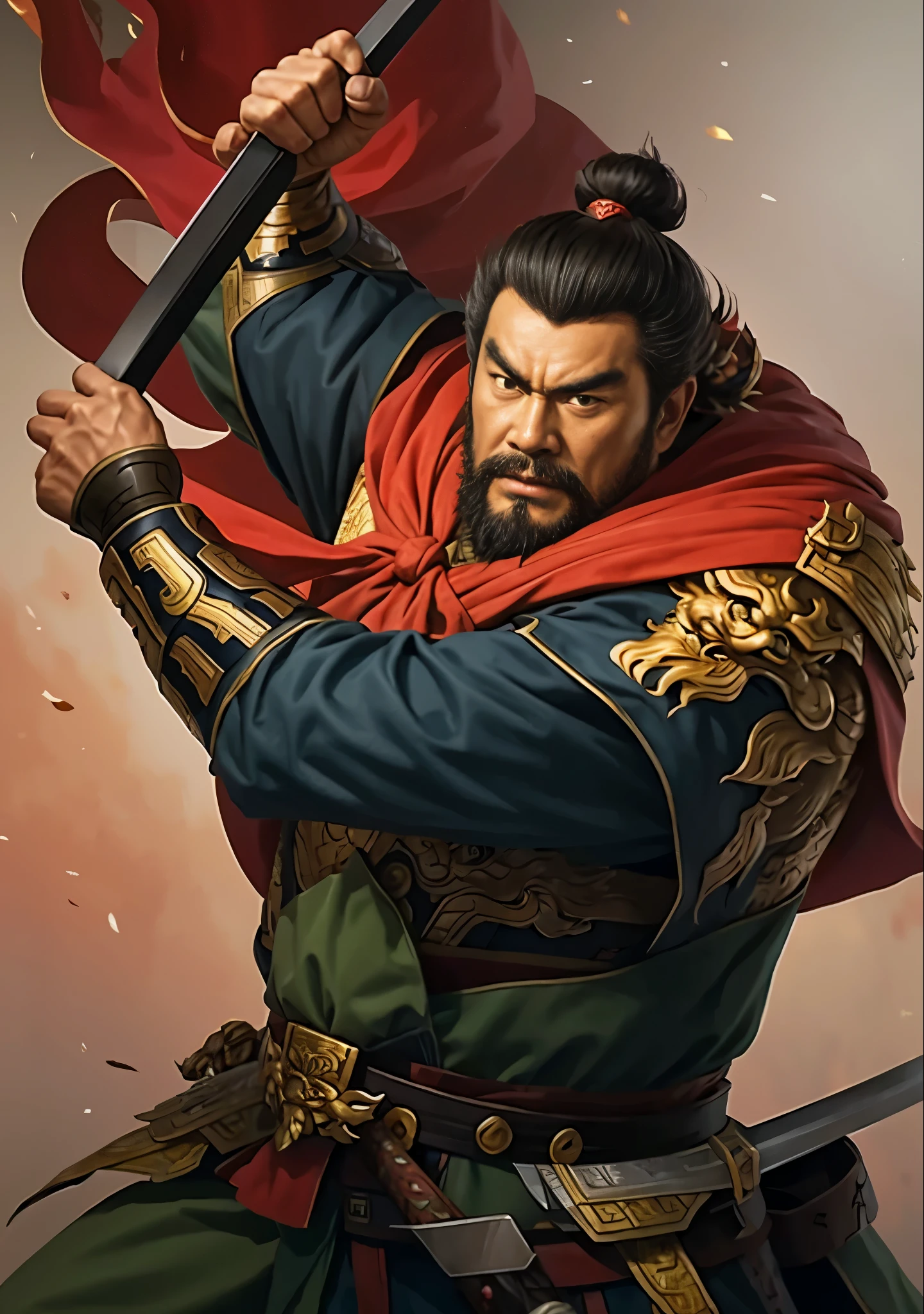 A painting,In the painting, a man wearing a red cloak、Man holding a sword, bian lian, guan yu, Inspired by Li Kan, Inspired by Hu Zaobin, inspired by Huang Ding, heise jinyao, Inspired by Huang Shen, xianxia hero, inspired by Cao Zhibai, China Three Kingdoms, feng shu, liang xing, Inspired by Zhang Wo