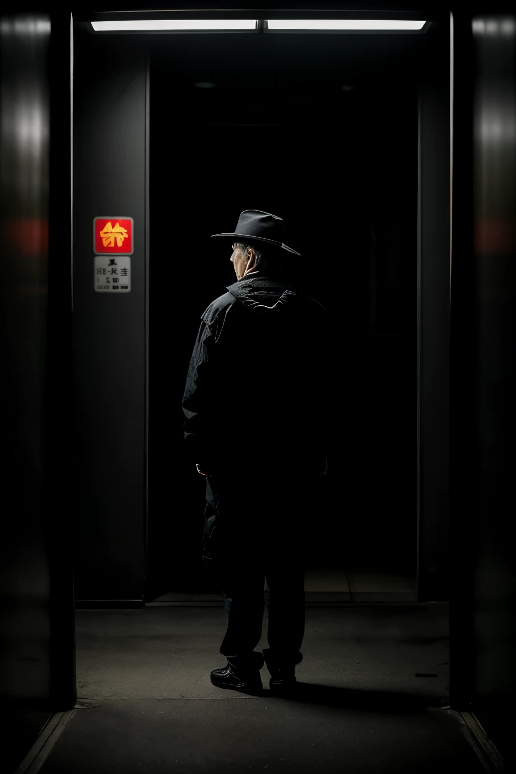 恐ろしくdarkバス停の標識,Cloudy light,65-year-old man,Fearful expression,wearing a hat,Sit and wait at the bus stop sign,Hands clasped,Wearing black casual clothing,Faint lighting,serious face,Tell a story,Realistic,Full Body Lesbian,Scary atmosphere,Storytelling,Asian,Chinese Dollar,The overall environment is horrible,環境がdark,Volumetric lighting. dark, dark体積照明, 薄dark光のあるdarkシーン, dark部屋の中, Photorealistic Dark Concept Art, Dramatic lighting rendering, 薄dark部屋は影でいっぱいだった, An empty back room at night, とてもdark部屋, Wizard's Hat Cinema Lighting,close,Background blur,black and white tone