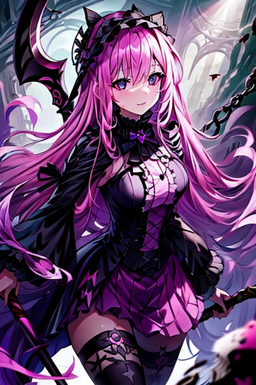 A pink haired female reaper with violet eyes and an hourglass figure is spinning her scythe in a creepy forest