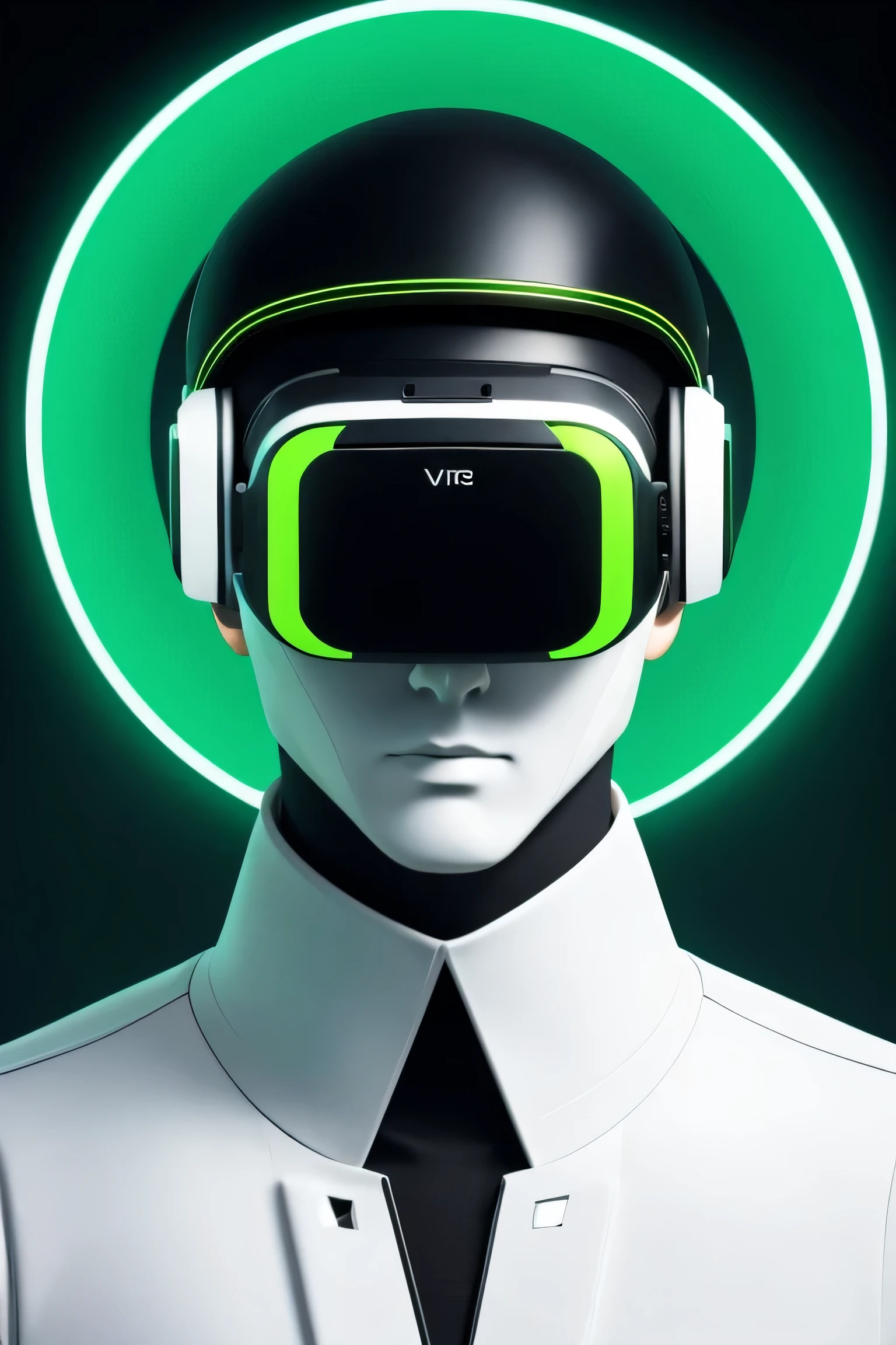 Not-human white robotic-style figure with a faceless person wearing a metaquest oculus white Virtual reality glasses is positioned to the left side of the image. With the face turned to the left. The background is black, emphasizing the contrast between the white figure and the surroundings. The image is of high definition, with an 8K resolution, ensuring the best quality and sharpness. Change to male figure Additional details: The figure has sleek and clean lines, giving it a futuristic and modern appearance. The VR glasses are reflective and add a sense of technology. The neon green perfect circle stands out, symbolizing a technological interface or a futuristic element. The black background creates a minimalist and mysterious atmosphere, highlighting the figure and the circle. The absence of facial features adds an element of anonymity and intrigue to the person. The image has a robotic-style aesthetic, with a focus on modern technology and a clean, minimalist design. Art style: POrtrait, Robotic-style, futuristic, minimalist. Color palette: The dominant colors in the image are white, and neon green. The white color represents the futuristic and clean aesthetic of the figure, while the black background adds contrast and mystery. The neon green color of the perfect circle adds a pop of vibrant color and emphasizes the technological aspect. Lighting: The image has a soft, ambient lighting that illuminates the figure and the perfect circle without casting harsh shadows. The lighting enhances the futuristic and sleek appearance of the figure and highlights the neon green color.