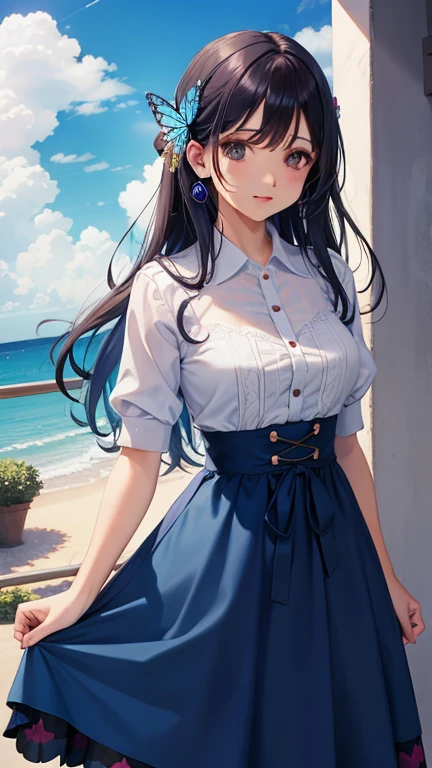 unas mujeres, mariposa azul, pelo azul, ojos rosados, vestido azul