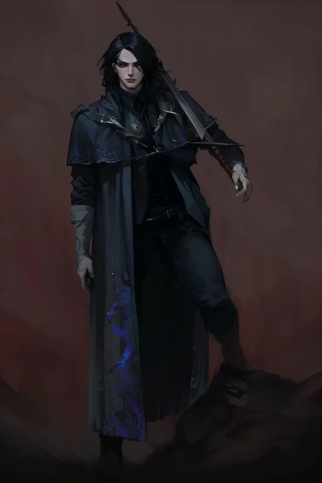 um desenho de um homem em um casaco longo segurando uma espada, design de personagens de fantasia sombria, arte conceitual sombria, male vampire of the banu hakim clan, arte conceitual de fantasia sombria, nobre elfo masculino em vestes pretas, feiticeiro malvado, necromante masculino, conceito detalhado de corpo inteiro art, conceito detalhado de corpo inteiro, necromante de capa escura