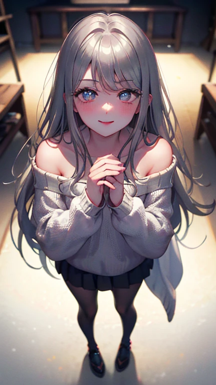 A light blush and a smile, (Masterpiece of the highest quality:1.2) Delicate illustrations, super detailed, /Beautiful Japanese Women、1 person,Very cute and slim、Outstanding style 、((8K images、super high quality))、Very delicate face, Skin and Hair、Red lipstick、Long Hair、straggling hair,(((((Gradient Hair、Silver Hair))))),Eyes and nose are clearly visible、Kind eyes,(((Off-the-shoulder sweater、Watching the audience、full body shot)))