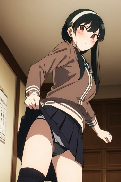 official style，Official Art，Yor forger，Browsing Caution，(masterpiece, highest quality: 1.2), alone, 1 girl, alone,，black，Sailor suit，blazer，From below，((Skirt flip))，(((string panties)))，your heather, かなりEmbarrassing，blush, View your viewers, Long black hair, head band,  Earrings, Big Breasts, Medium Waist, Medium Hips, wide thighs, Embarrassing, charm, Good move...., Excellent anatomy,panties，classroom，，Sailor suit，blazer，