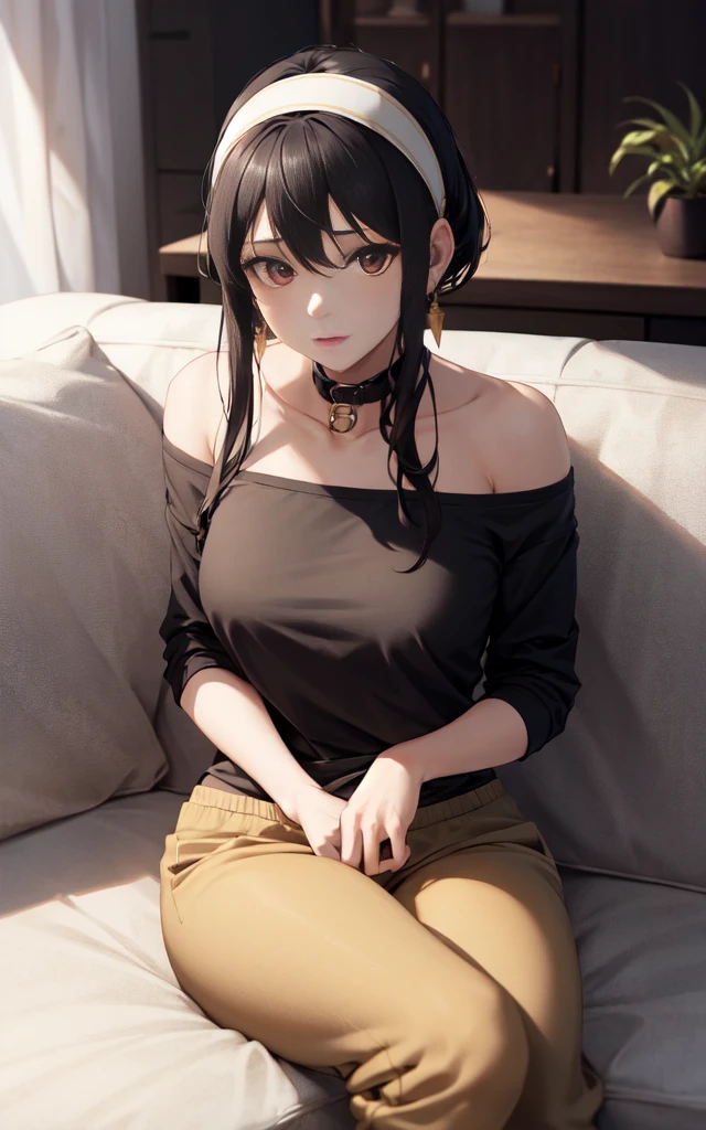 yor forger yor briar,spyxfamily, madsterpiece), black tshirt, tight shirt, baggy sweatpants, sweatpants, cleavege, single shoulder stop, off shoulder, collar bone, white headband, gold earrings, natural makeup, staring at viewer, sitting on couch, bare neck, neck, slight smile, grey sweat pants, naked neck,