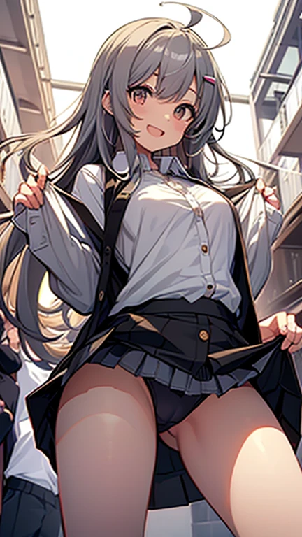 ((masterpiece, highest quality)), (One girl), (alone), (Focus on women), (Ahoge, Gray Hair, Very long hair), Golden Eyes, A light smile, Open your mouth, ((White shirt), (Buttoned shirt), (Button gap)), ((Black Skirt), (Short skirt)), Are standing, White Background, Put your arms behind your back, Dynamic Angle,