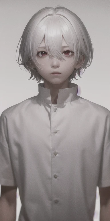 best quality, masterpiece,white hair, red lifeless eyes,white clothes, looking down, upper body, hair strand, Fair skin, (1boy)